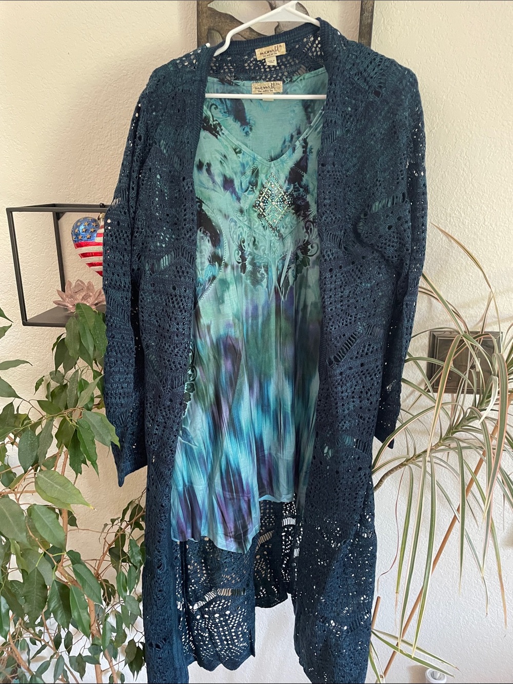 Ariella Teal & Navy Crochet Longline Cardigan